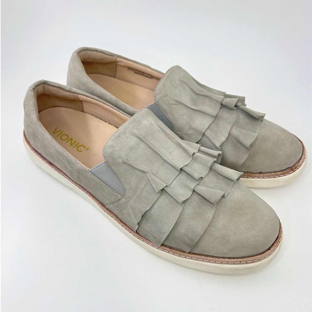 Vionic Mahalo Slip On Shoes 11 Gray Suede Ruffle Comfort Flats VS397 Travel